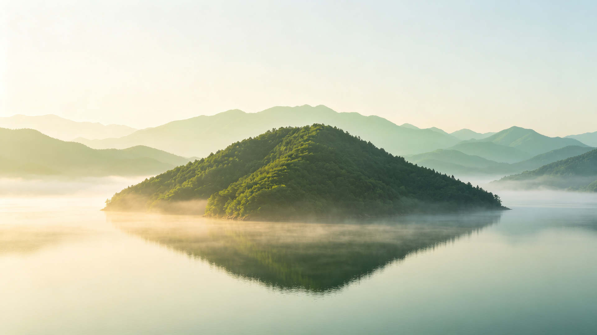 清晨薄雾中的湖心岛